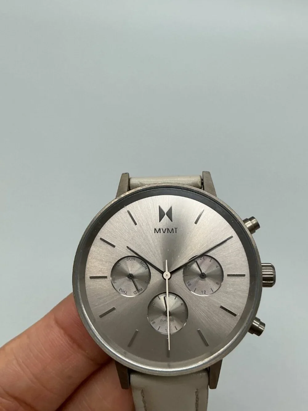 MVMT Nova Lyra Womens Watch 38mm Silver Tone Day Date Leather Band New Battery